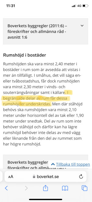 Skärmdump av lagtext om riktlinjer för rumsstorlek och takhöjd i bostäder.