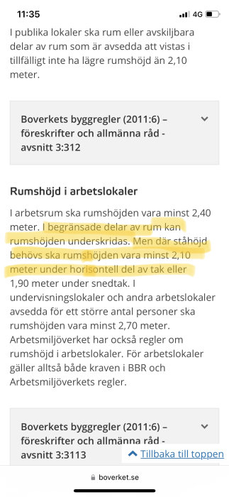 Skärmklipp av text om minimi rumshöjd i offentliga och arbetslokaler enligt Boverkets byggregler.