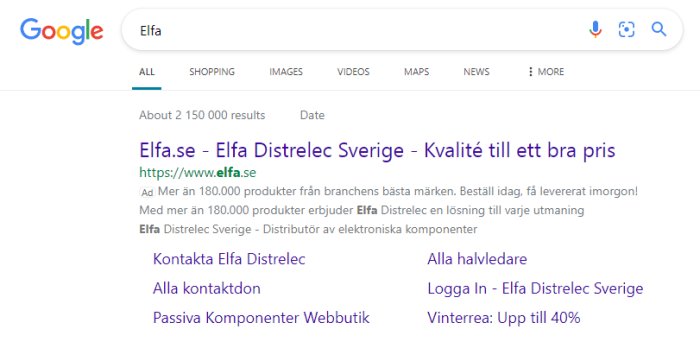 Google-sökresultatsida för "Elfa", med webbplatssnippet, länkar och reklam.