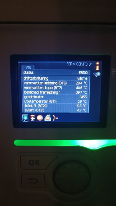 Digital kontrollpanel som visar temperaturer och driftinformation för värmesystem, med knappar för användarinteraktion.