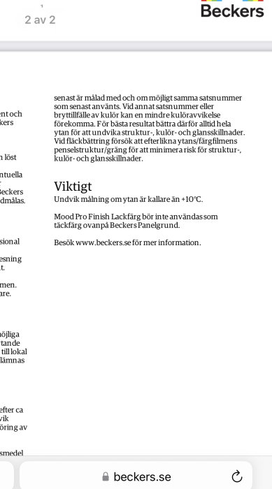 Det är en skärmbild av text med målningsinstruktioner och rekommendationer på svenska från Beckers.