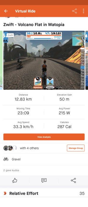 Skärmdump av virtuell cykeltur via Zwift-appen; distans, hastighet och kaloriförbrukning redovisas.