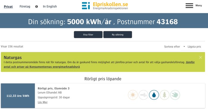 Svensk energijämförelsesida, elpriser, naturgas, sökresultat, konsumentinformation, postnummerområde 43168, jämförelsetjänst.
