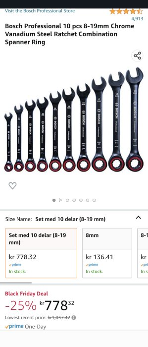 Set med tio Bosch ratchet-kombinationsnycklar, kromvanadin, storlekar 8-19mm, svarta med röda markeringar, rabatt erbjuds.