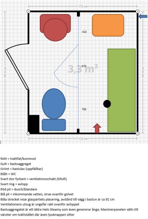 Planritning av ett badrum med detaljerad beskrivning av komponenter och dimensioner, inklusive bastu.