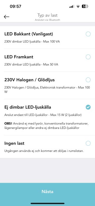 Skärmdump av en app för ljuskontroll, Bluetooth-ansluten, olika ljuskällalternativ, varningar, nästa-knapp.