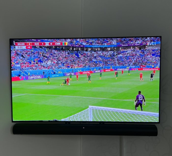 Fotbollsmatch på TV, Schweiz mot Kamerun, 1-0, övertid, livesändning, publik på läktaren, spelare på planen.