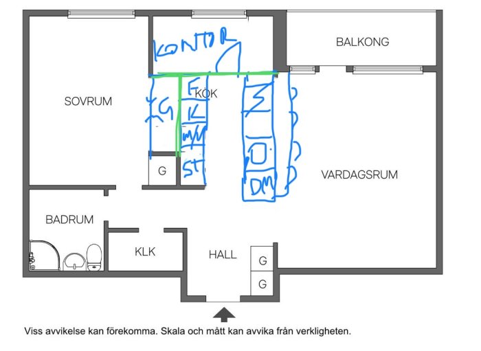 Planritning av lägenhet med sovrum, vardagsrum, kök, balkong, badrum. Handskrivna anteckningar och markeringar överlagrade.