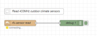 En nodbaserad editor visar flöde för att läsa utomhusklimatsensorer vid 433MHz, kopplat till en debug-nod, status: ansluter...