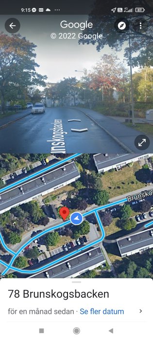 Skärmdump från Google Maps med gatuvy och kartvy över adressen Brunskogsbacken.