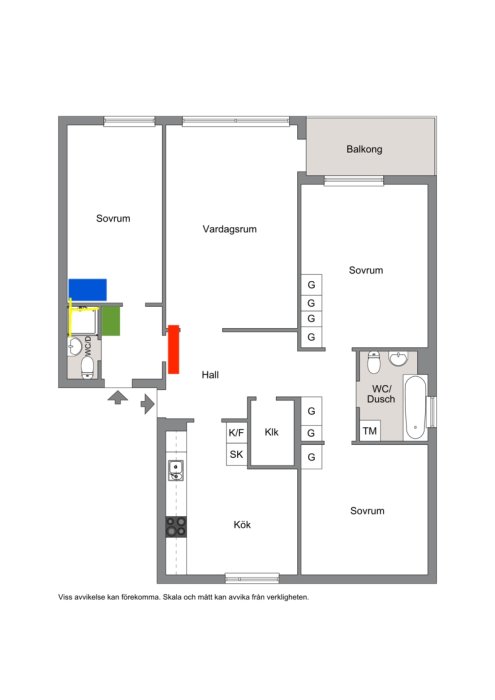 Ritning av lägenhet med tre sovrum, vardagsrum, kök, badrum, balkong och hall.