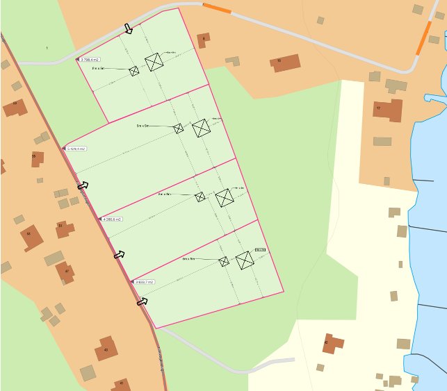 Kartutdrag visande tomtindelningar, byggnader och vägar, eventuellt för planering eller fastighetsinformation.