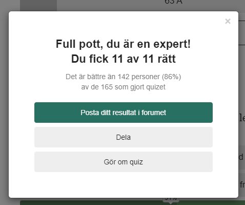 Quizresultat på skärmen, meddelande om full poäng, erbjuder att dela i forum.