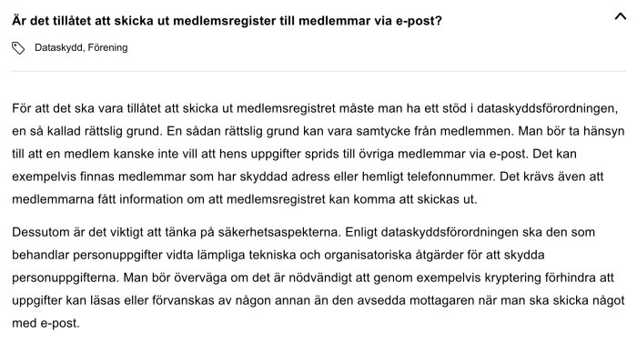 Text på svenska om regler för e-post med medlemsregister enligt dataskyddsförordningen. Datasäkerhet och personlig integritet eftersträvas.