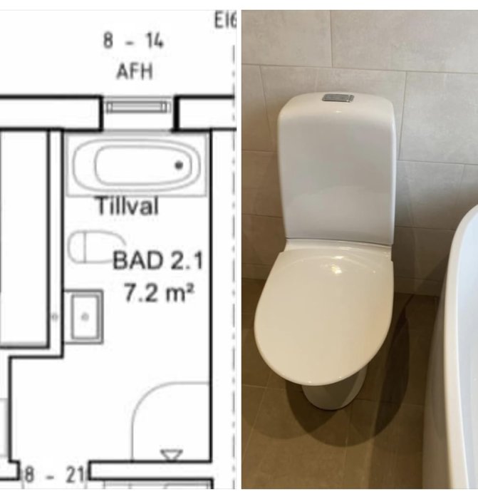 Toalett i badrum intill badkar, planritning på vänster sida.