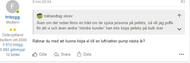 Skärmdump från forum där användare diskuterar pelletpriser och överväger köp av luft/vattenpump nästa år.