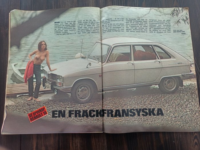 Gammal reklam, kvinna, Renault 16, båt, vintage, magasinuppslag, retro, "En fräck fransyska", bilannons.