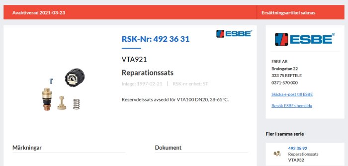 Reparationssats för VTA100, delar visas, avaktiverad produkt, kontaktinformation för ESBE AB.