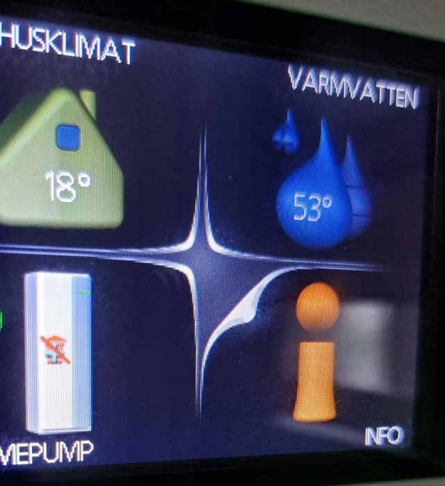 Digital display med ikoner för husklimat, varmvatten och värmepump; temperaturvärden visas; knapp för information synlig.