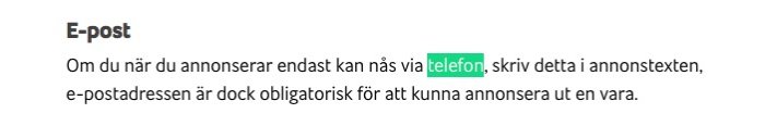 Svensk text om annonsering och kontaktinformation, e-post obligatorisk, telefonalternativ nämnd, grön rubrik.