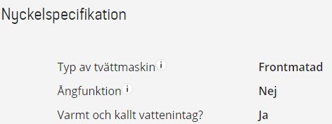 Specifikationer för tvättmaskin: frontmatad, ingen ångfunktion, har varmt och kallt vattenintag.