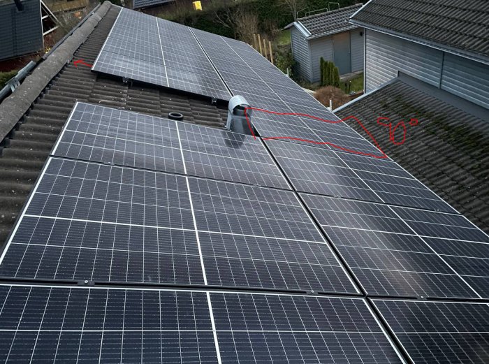 Solpaneler monterade på ett bostadshus tak, överlag med röda markeringar runt vissa områden.