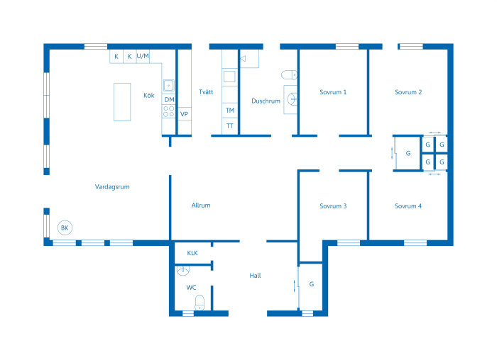 Blå grundplan för bostad med vardagsrum, fyra sovrum, kök, tvättrum, duschrum, hall.