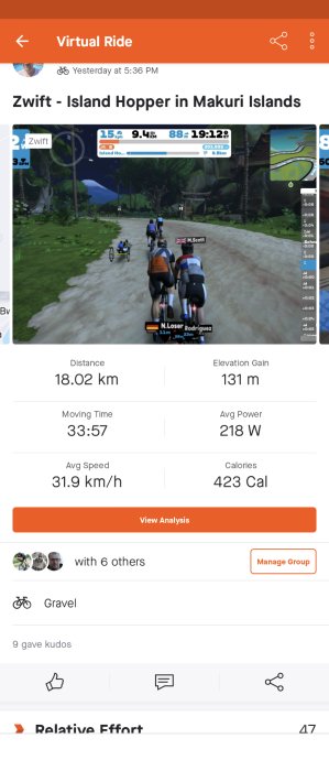 Skärmdump av en virtuell cykelrunda på Zwift, 18,02 km avstånd, 131 m stigning, analysfunktion synlig.