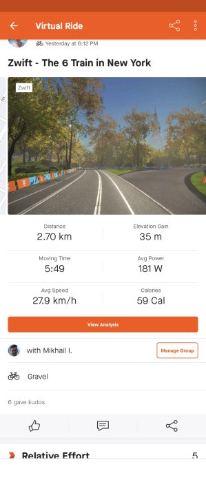 Skärmdump av virtuell cykeltur, Zwift - The 6 Train in New York, distans och prestandadata visas.