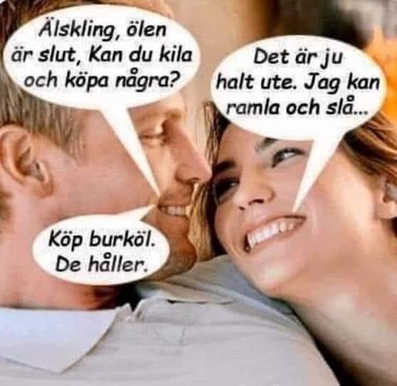 Två människor skämtar om öl och halt väder med pratbubblor i en svensk humorbild.