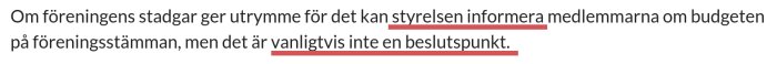 Text på svenska om föreningsstadgar, styrelseinformation och budget på en föreningsstämma, ej beslutspunkt.