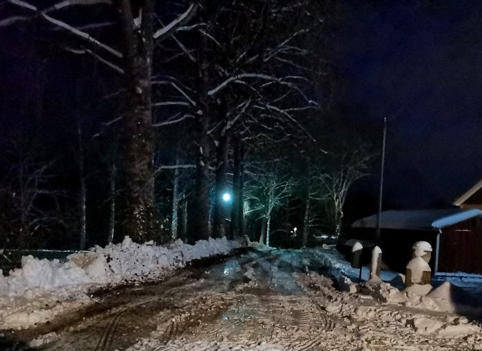 Natt, snö, träd, belysning, väg, plogad, kyla, mörk himmel, gatlykta, vinter, bilspår, huskant, avskildhet.