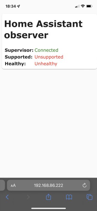 Skärmdump av en mobil enhet som visar Home Assistant observer status: ansluten men ej stödd och ohälsosam.