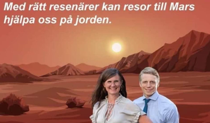 En kvinna och en man framför Mars-landskap, text, solnedgång, rymdutforskningstema, optimistisk framtidssyn.