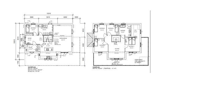 Arkitektritning av ett hus, visar planlösning, rum, mått och detaljer.