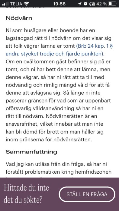 Skärmdump av text om nödvärn, husägares rättigheter, lagstadgad våldsanvändning, ansvarsfrihet, och juridisk information.