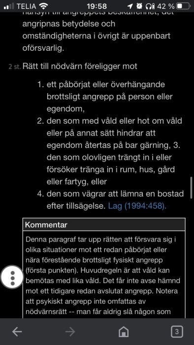 En skärmdump av en svensk text om nödvärn och lag från en mobil enhet.