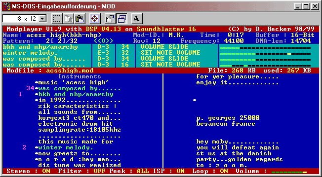 Skärmbild på en MOD-tracker, MS-DOS-miljö, modulfilredigering, musikprogrammering från 90-talet.