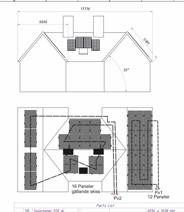 Ritning av hus med solpaneler på taket, innehåller mått och parts list.