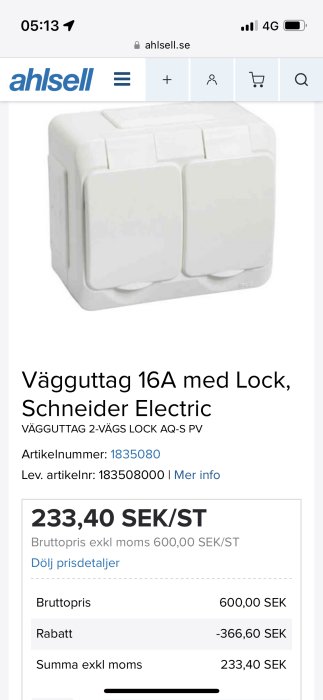 E-handelssida visar vit vägguttag från Schneider Electric med prisinformation och rabatt.