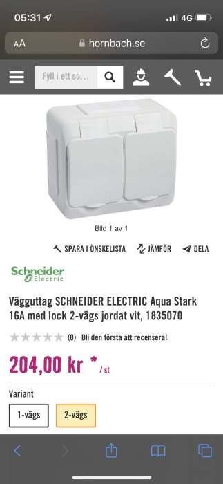 Vit, dubbel, jordad vägguttag från Schneider Electric, med lock, kostar 204 kronor. Webbplats produktbild.