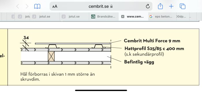 Teknisk ritning, väggkonstruktion, Cembrit Multi Force, hattprofil, förborrade hål, bygginstruktioner, webbläsargränssnitt i bakgrunden.