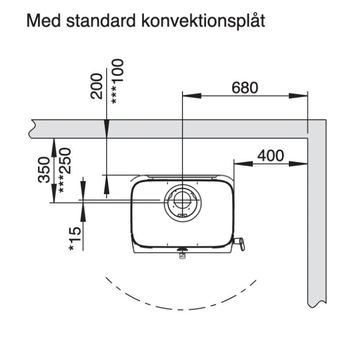 Teknisk ritning av installation för en apparat med mått och konvektionsplatta.