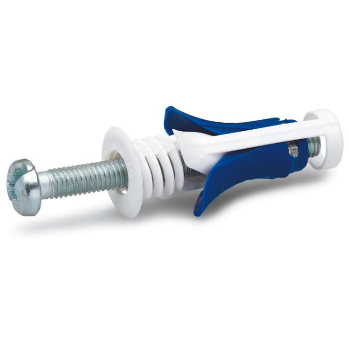Väggexpansion, skruv, blåvit plasthylsa, fastsättningskomponent, isolerad bakgrund.