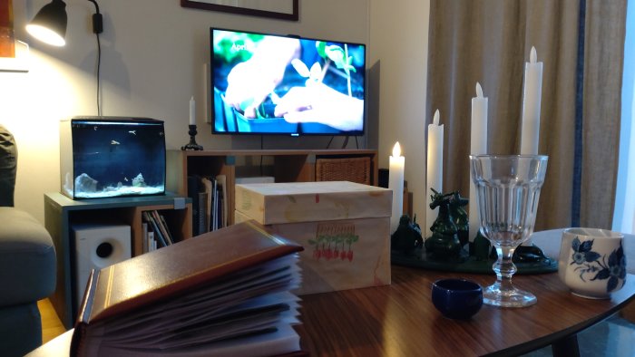 Vardagsrum med tända ljus, akvarium, TV på, fotoalbum på bordet.