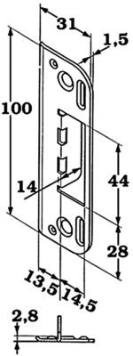 Teknisk ritning av en metallbeslag med dimensioner, utsnitt och hål för montering avslöjad.