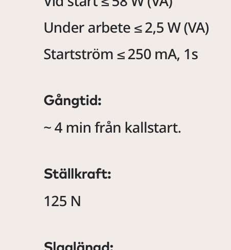 Teknisk specifikation text: starteffekt, arbetsström, startström, gångtid, ställkraft på svenska. Svart text, vit bakgrund.