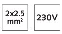 Två etiketter eller symboler, en angivande kabelstorlek "2x2.5 mm²" och en spänning "230V".