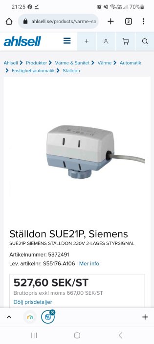 En skärmdump av en produkt, Siemens ställdon, från Ahlsell webbsida med prisinformation.