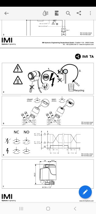 Teknisk manual, varningssymboler, elektrisk aktuator, installationsinstruktioner, schematiska representationer, produktmått, "NC" "NO" etiketter.
